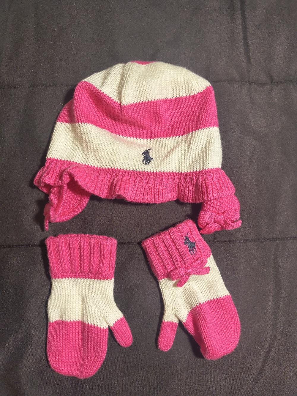 Ralph Lauren Kids Pink & Cream Stripe Knit Hat and Mittens Set